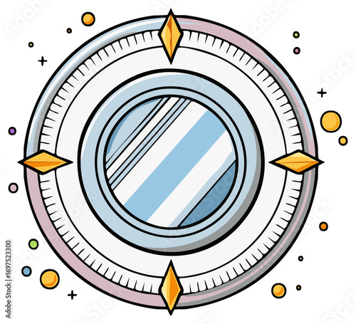Stylized cartoon illustration of a shiny navigational compass for adventure and exploration