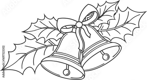 Christmas Bells with Holly Leaves Outline Vector Illustration