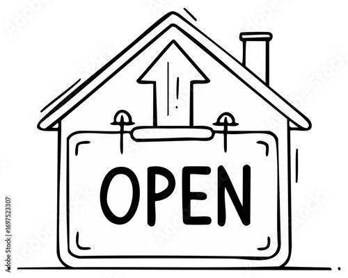 Hand drawn open house icon with an upward arrow for real estate marketing and property sales