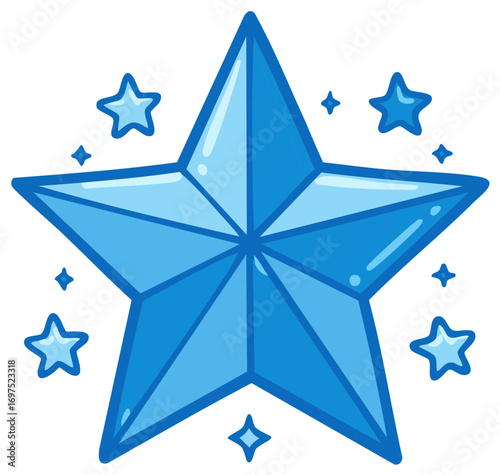 Illustration of a Blue Star Icon Surrounded by Smaller Stars