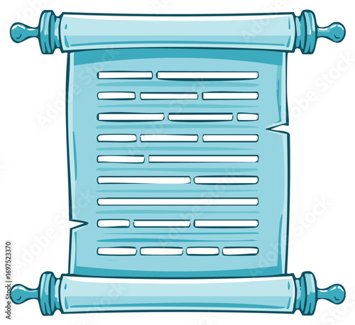 Illustrated Blue Scroll with Text Lines and Decorative Endings