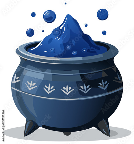 Bubbling Blue Potion in a Dark Blue Cauldron with Decorative Patterns
