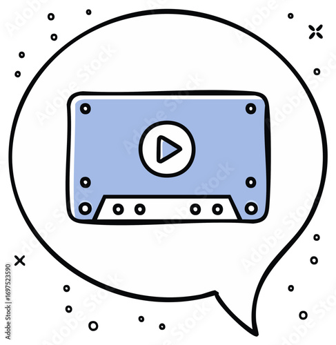 Audio Cassette Tape in Speech Bubble Doodle Style, Music Recording Technology Icon, Isolated