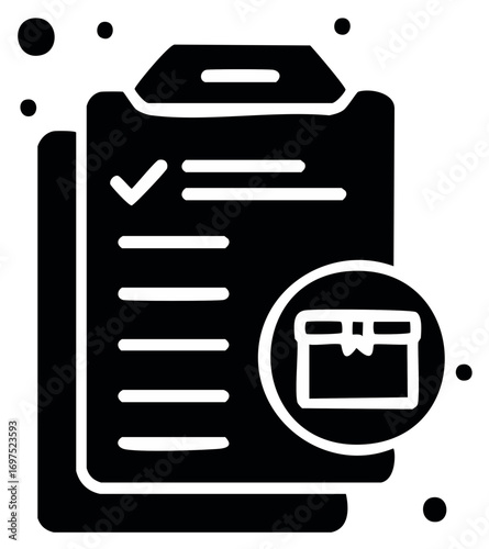 Order fulfillment checklist icon with package for shipping and delivery logistics