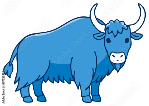 Friendly blue yak cartoon animal with big horns simple vector drawing