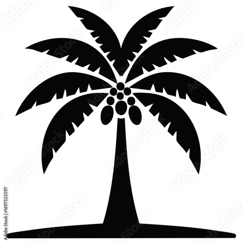 Stylized black silhouette of a coconut palm tree with fronds and coconuts on a ground line