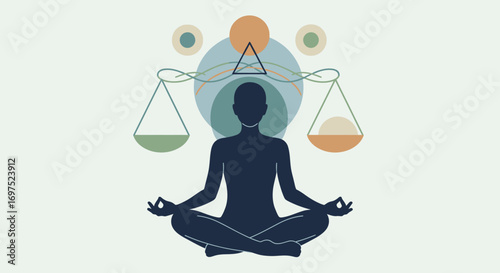 Minimalist illustration of a meditating silhouette in lotus pose with balanced scales representing harmony.