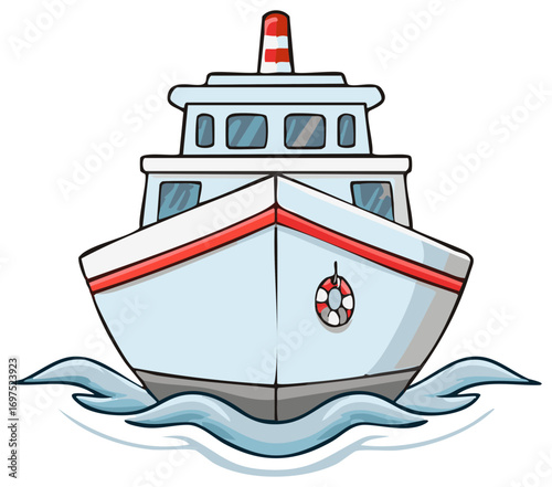 Front view of a cartoon ship illustration sailing on the water with waves