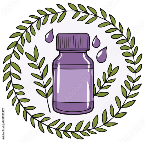Hand drawn aromatherapy essential oil bottle with purple drops and a green leaf wreath