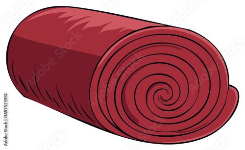 Rolled up red sleeping bag with swirling textured fabric and defined edges