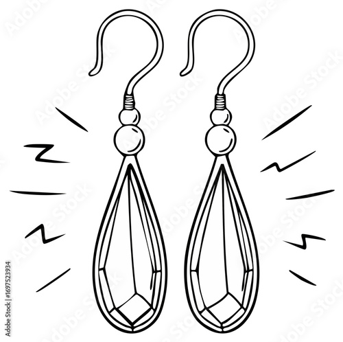 Line art illustration of teardrop crystal earrings with ball accents and decorative lines