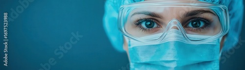 Close-up of a female healthcare professional wea protective glasses surgical mask and cap looking directly into the camera with focused eyes in medical environment