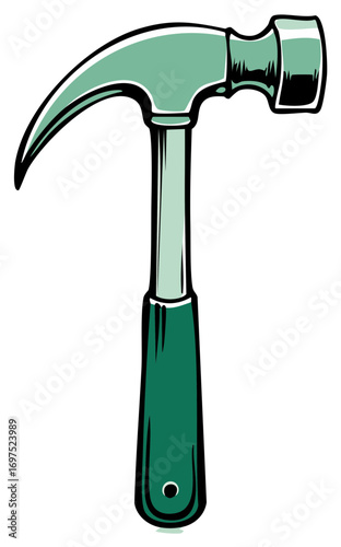 Illustration of claw hammer construction tool in teal and dark green isolated on white for builders, repairs and DIY projects.