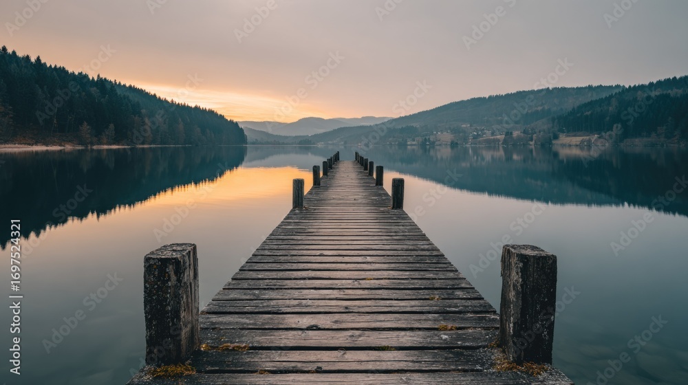 Naklejka premium Calm wooden pier extends into a serene lake at sunrise