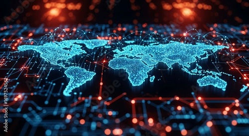 Digital World Map on Electronic Circuit Board | High Tech Global Network Connection for Technology and Business Solutions