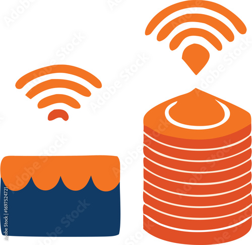 Digital connection and data storage icons representing wireless network and information technology concepts