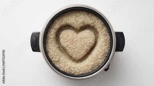 Beige rice cooker with heart-shaped pattern of cooked rice