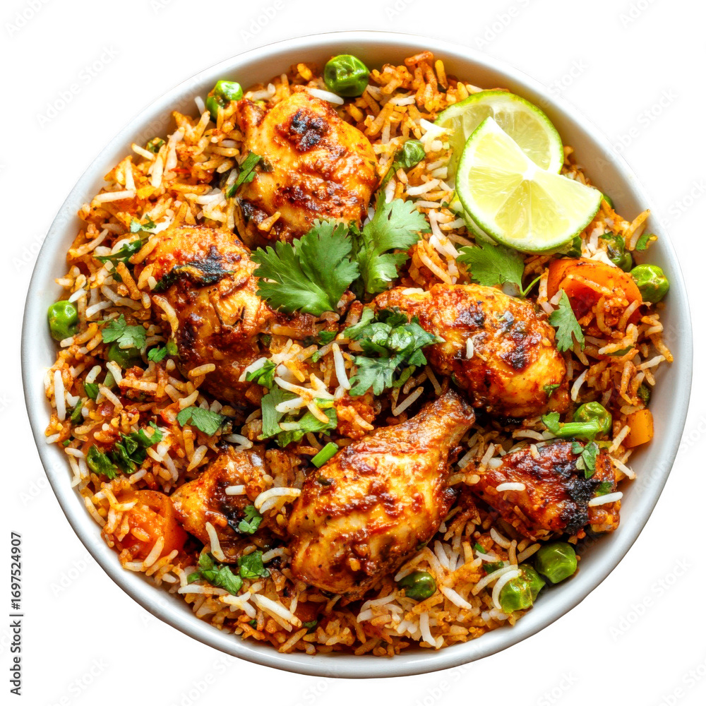 Fototapeta premium Bowl shows flavored rice with seasoned chicken and lime