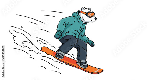 Snowboarding polar bear in cartoon style, winter sport fun