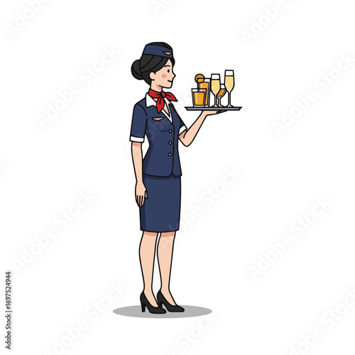 Cartoon flight attendant serving drinks on a tray, side view