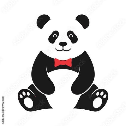 Happy sitting cartoon panda with a red bow tie, minimalist design on white.