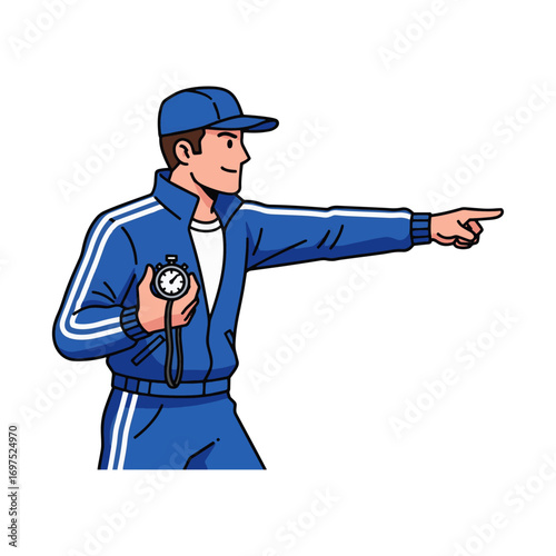 Coach with stopwatch pointing right, giving instructions during training