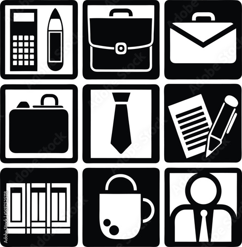 Set of business icons featuring calculator briefcase tie and professional office supplies for corporate graphics