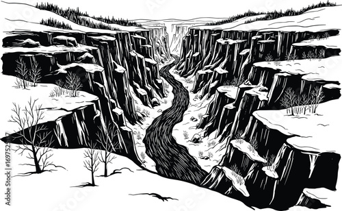 Surreal Ink Illustration of River Canyon with Winter Elements