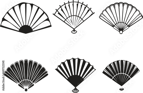 Japanese folding fan set. Editable Elegant Hand Fans Asian Design Summer Accessory Decorative Folding Fans. EPS 10.