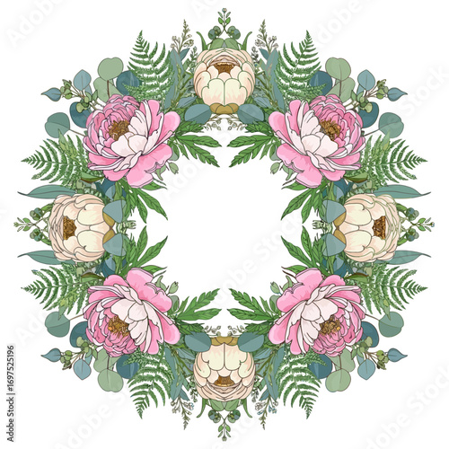 Elegant peony and eucalyptus wreath, perfect for wedding invitations and beautiful floral designs