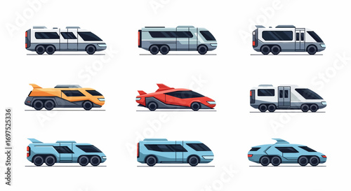 Set of nine futuristic pixel art vehicles, including vans, campers, and concept cars, in various colors and designs.