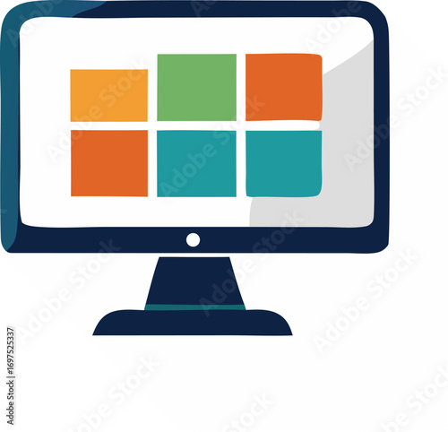 Modern computer monitor displaying colorful app icons on screen for digital technology and software concepts