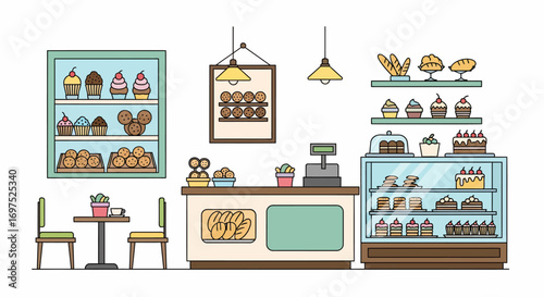 Simple Line Art Bakery Cafe Interior Design.