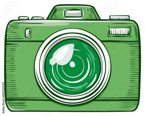 Stylized green retro photo camera illustration in a classic comic art style