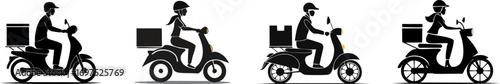 Four silhouettes of delivery riders on scooters, showcasing various styles and positions, emphasizing the theme of food delivery and transportation.