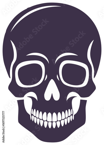 Creepy dark purple human skull illustration with detailed teeth and eye sockets
