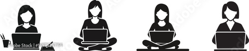 Four silhouettes of women working on laptops in various seated positions, representing remote work and digital lifestyle.