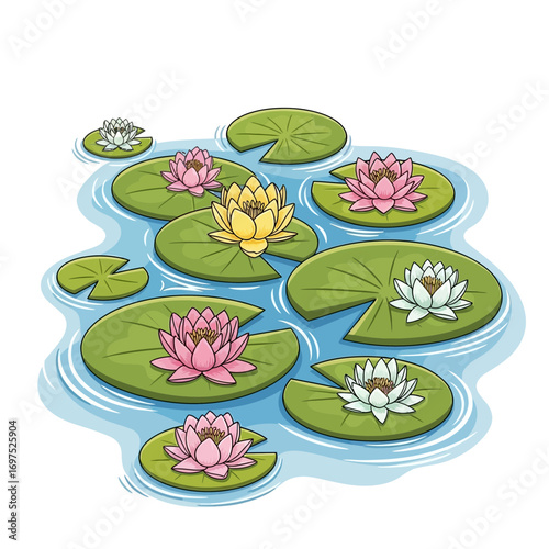 Tranquil water lilies bloom gracefully on lily pads, creating a serene and peaceful water garden