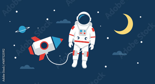 Stylized astronaut in a white spacesuit with red details, tethered to a cartoon rocket.