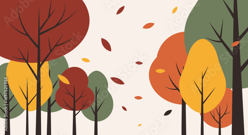 Stylized Autumn Forest with Colorful Round Trees and Falling Leaves in a Flat Vector Style.