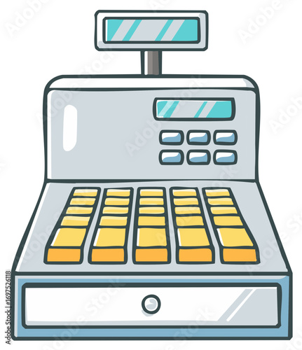 Hand drawn cartoon illustration of a vintage cash register with a display and keypad