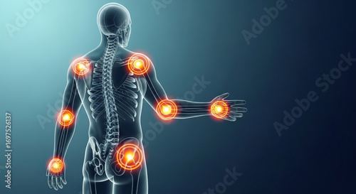 Human skeleton highlights joints with painful inflammation, illustrating discomfort and medical conditions