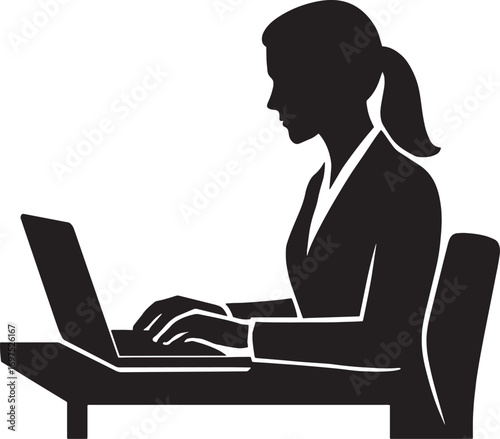 Vector Silhouette of Businesswoman Working on Laptop – Office Desk, Remote Work, Productivity, Corporate Workspace, Professional Focus