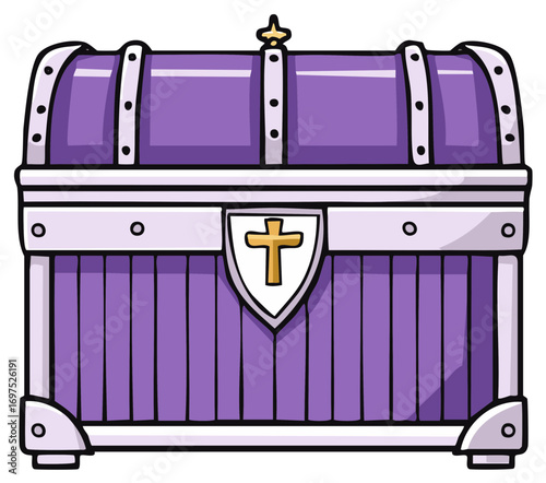 Purple Treasure Chest with Cross Shield, Medieval Carton Loot Box, Antique Container