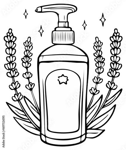 Line art of a soap dispenser with lavender sprigs in a beauty and wellness theme.