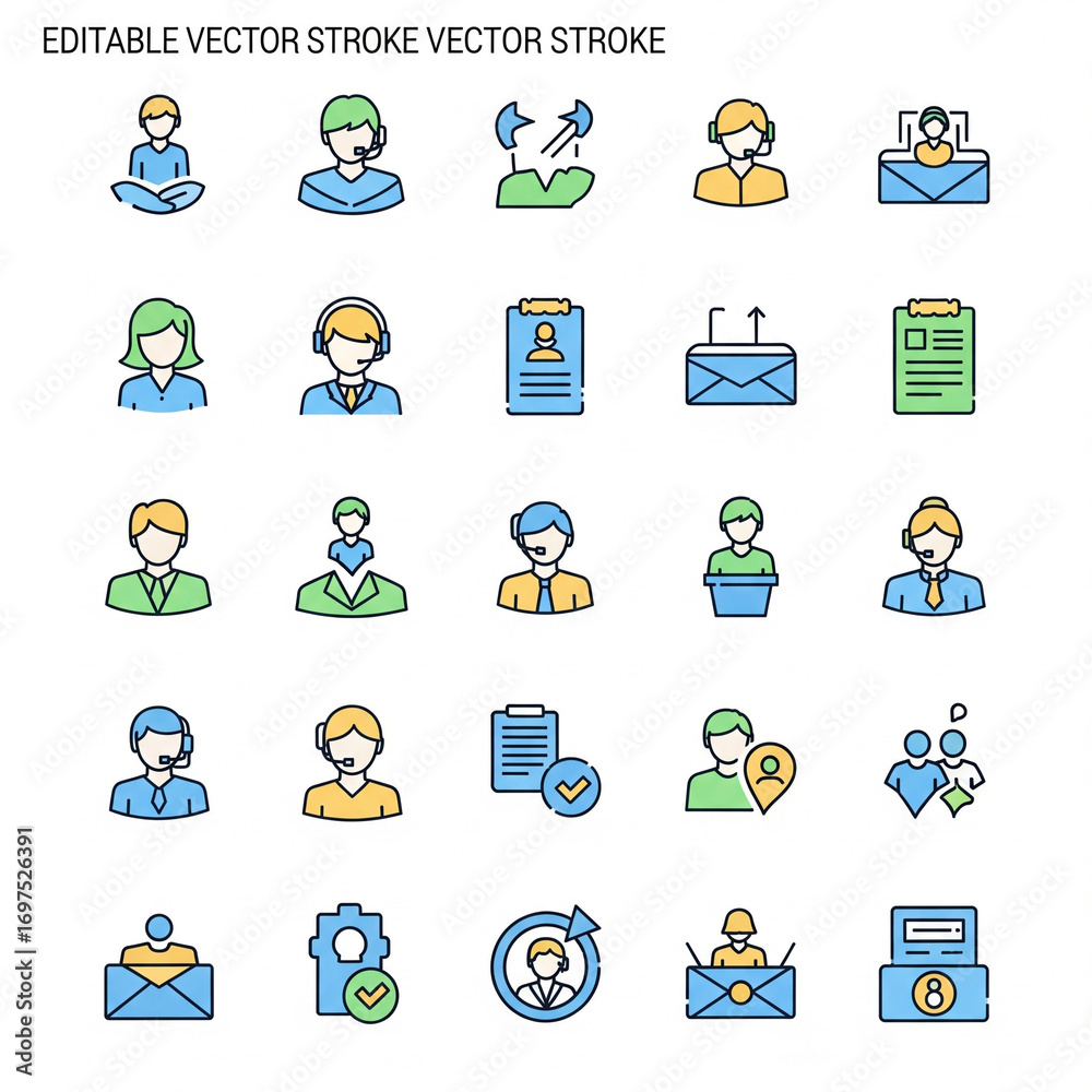Fototapeta premium Customer service support help desk call center operator vector icon set outline stroke editable line style design