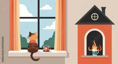 Stylized Red House-Shaped Fireplace with a Black Roof and a Burning Fire Inside.