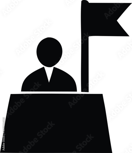 Silhouette of a person at a table with a flag representing business meeting event or presentation success celebration.