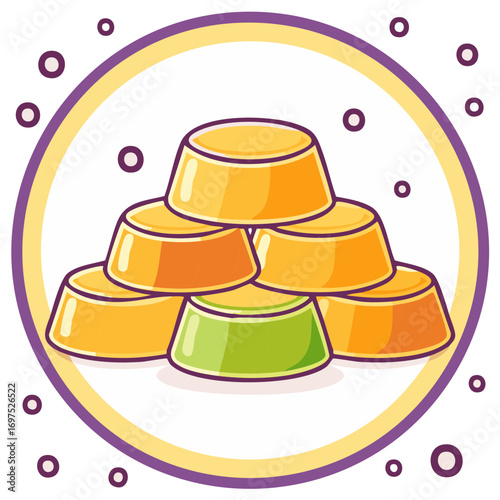 Cartoon illustration of a stack of colorful jelly dessert treats.