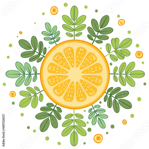 Orange slice surrounded by green branches and leaves with decorative dots